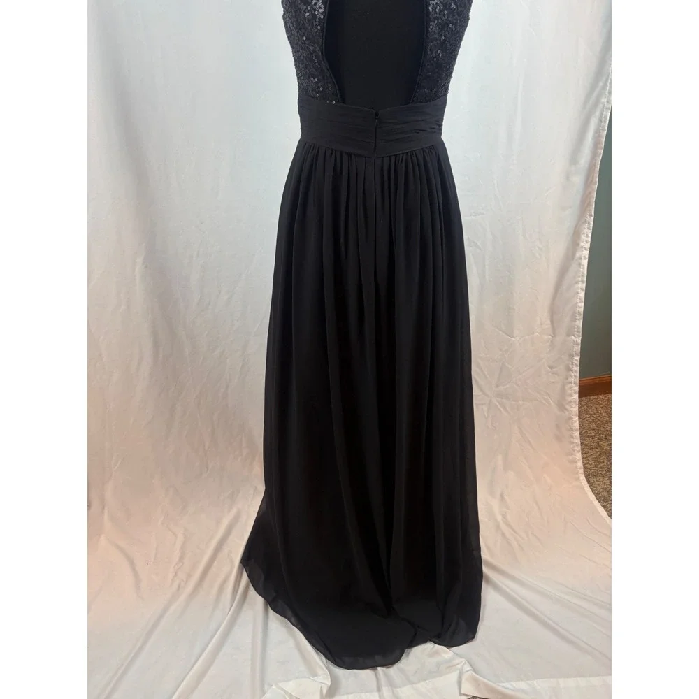 Black Sequin Halter Neck Maxi Dress Open Back Ruched Waist Formal Evening Gown - Picture 14 of 16